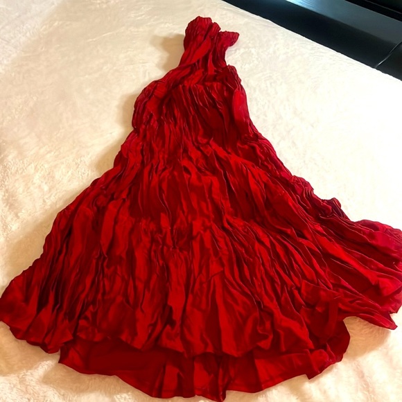 BUY❤️FIRE RED MIRACLECIOUS SILKY TAFFETTA  STRAPLESS DRESS/FLAMENCO SKIRT 180*❤️ - Picture 2 of 6